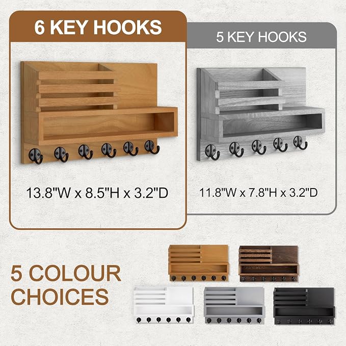 Key and Mail Holder Wall Mount, Key Hanger with Long Storage Box and Key Hooks for Coat, Dog Leash, Home Decor Rack, House Accessories, Entry Way Organizer