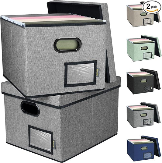 BALEINE File Organizer Box with Lid, Collapsible File Folder Organizer with Plastic Slide, Filing Box for Office Home Document Organizer Storage (Gray, 2PK)