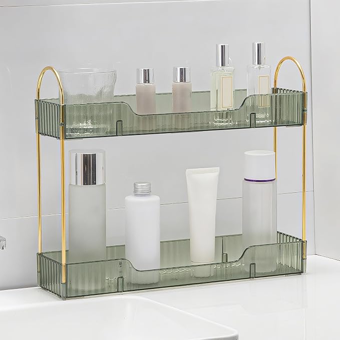 YCIA&DONE 2 Tiers Narrow Vanity Makeup Organizer, Bathroom Organizers Countertop Slim, Perfume Holder Skincare Storage Cosmetic Shelf Spice Rack, for Small Desktop Counter Space, Vintage Green