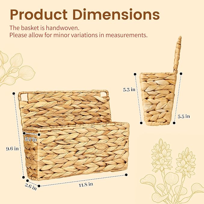 2PCS Woven Mail Holder Wall Mount Basket – Water Hyacinth Magazine Holder Wall Basket, Wicker Mail Organizer Wall Mount for Office, Books, Files, Letters & Entryway Decor, Hooks Included