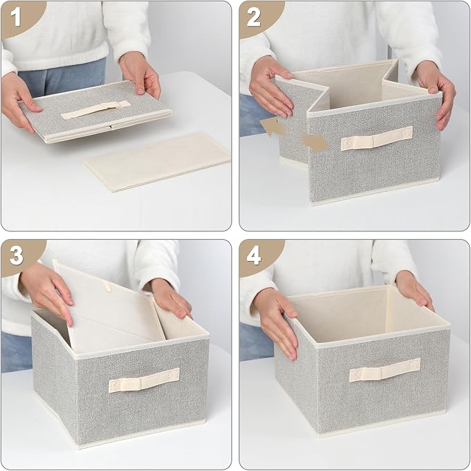 11 inch Storage Baskets, Woven Fabric Bins, Storage Cubes with Reinforced Handles, Organizer Bins for Closet Shelves, Foldable, for Clothes (Beige, 4PCS/11*11*7.8inch)