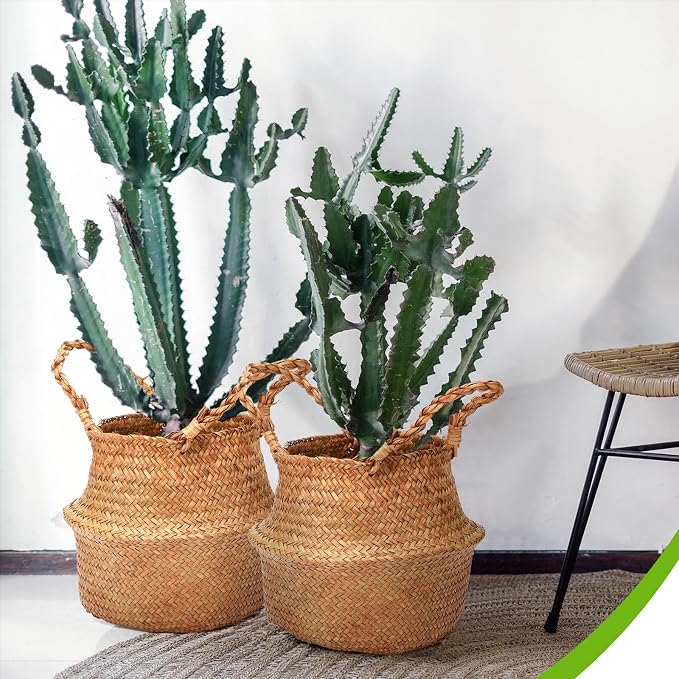 Qunclay 4 Pcs Woven Seagrass Baskets Belly Basket Folding Boho Natural Plant Pot with Handles Round Decorative Wicker Large Indoor Planter for Home Outdoor Tree Planters Decor (S,8.7''dx7.9''h)