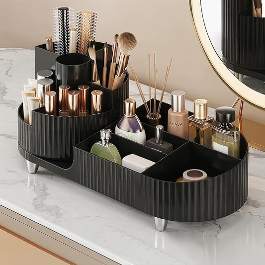 Booklov Rotating Makeup Organizer for Vanity Countertop, Black | Plastic Cosmetic Display Case, Large Beauty Brush Holder for Bathroom Counter, Skin Care Perfumes Storage