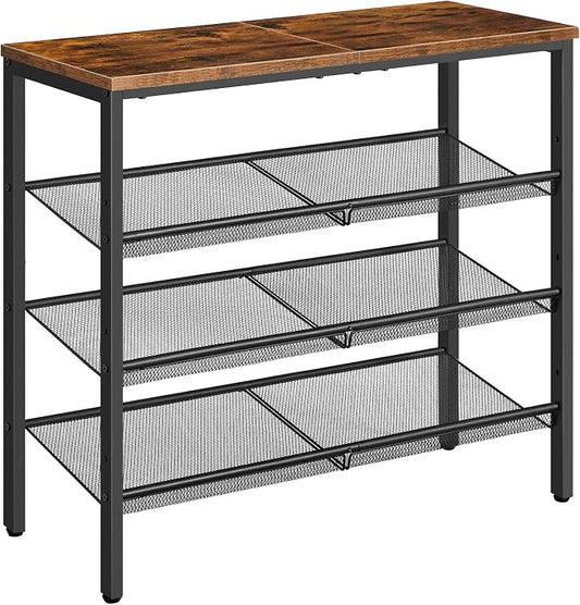 HOOBRO Shoe Rack for Entryway, 4-Tier Shoe Organizer with Adjustable Mesh Shelves, 12-16 Pairs of Shoes, Spacious Floor Mount, Metal, Industrial, Shoe Shelf for Closet, Rustic Brown BF42XJ01