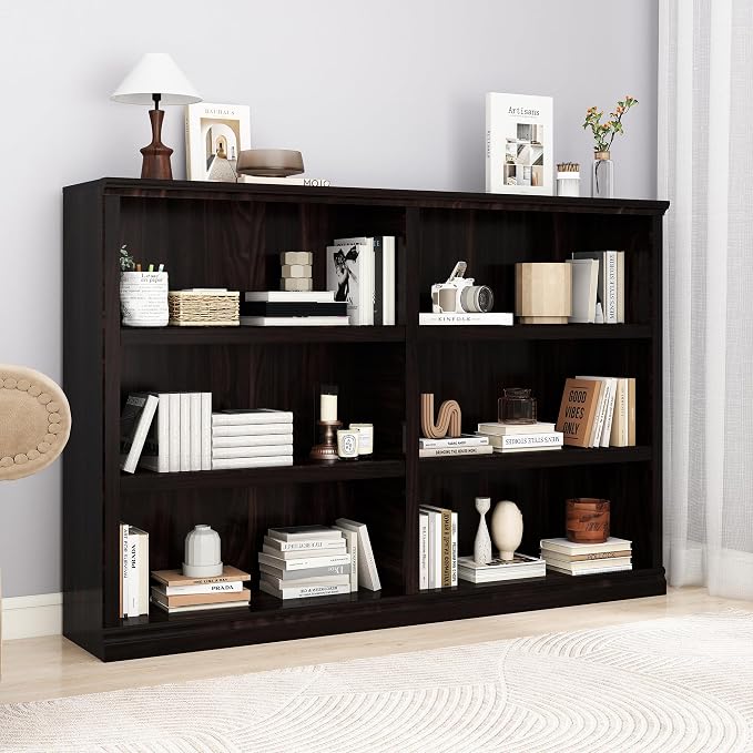 64" W Double Wide Open Shelf Bookcase, 3 Tiers 6 Storage Cube Book Shelf | Horizontal bookshelf, Display Cabinet Organizer Indoor Furniture, Home Library Office, Dark Cherry Adjustable Shelf