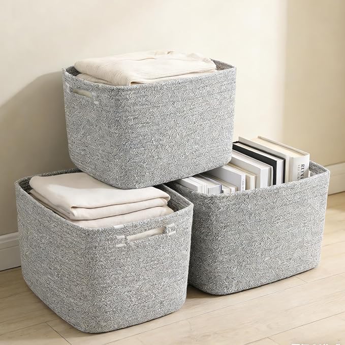3 Pack Woven Baskets,Storage Baskets for Shelves with Handles | 13.5"×11"×9.5", Closet Baskets, Nursery Organizer for Toys Towels Books, Storage Bin for Living Room Bedroom (Mixed Grey)