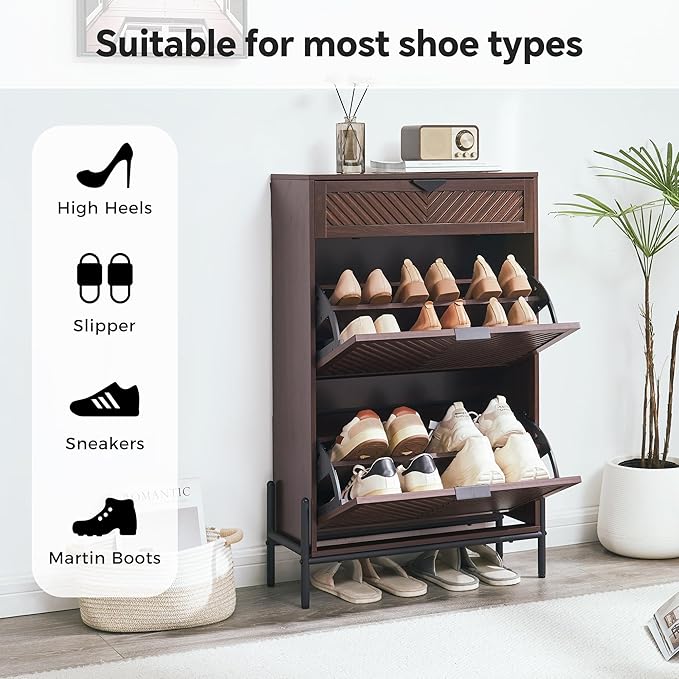 Shoe Cabinet with 2 Flip Drawers, Narrow Entryway Rack, Brown | Slanted Wood Grain, Freestanding, Adjustable Compartments, Removable Middle Shelf, Metal Handles, for Hallway Foyer Entrance
