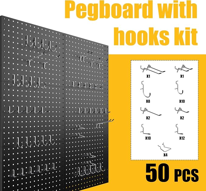 Spampur Peg Board, 6 Pack Metal Pegboard Panels with 50 Hooks | Black Pegboards Wall Organizer Heavy Duty Peg Board for Walls Home, Garage Tool Storage, Office Organization, Craft Room