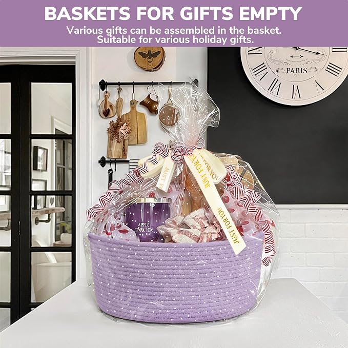 CHICVITA Large Gift Basket Empty with Bags & Ribbon for Baby Shower, Purple | 13.6"x 10" x 6" Woven Gift Basket Empty to Fill for Holiday, Rope Baskets for Organizing, Birthday Basket, Dog Toy Basket