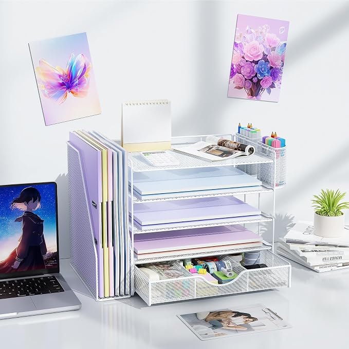gianotter 5-Tier Desk Organizer with Drawers and File Holders | Letter Trays and Pen Holders - Workspace Accessories for Office Supplies (White)