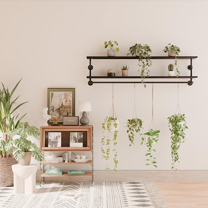 Black Clothes Rack 70in, 2-Tier Wall Mounted Garment Rack with Real Wood Shelf, Heavy Duty Hanging Clothes Rack, Multi-Purpose Hanging Rod, Space-Saving Closet Storage