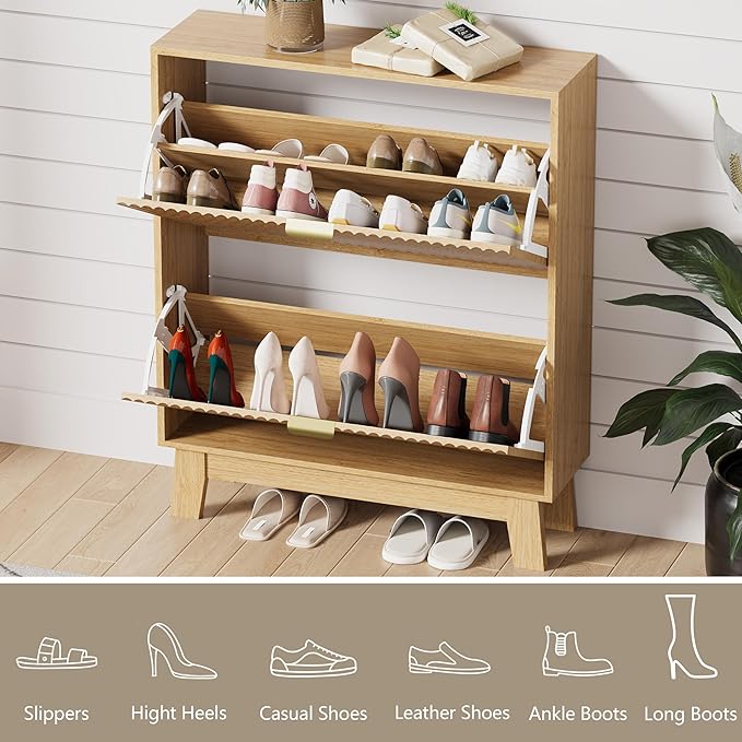HUANLEGO Shoe Cabinet Storage for Entryway with 2 Flip Drawers, Fluted Narrow Shoe Organizer with Wooden Legs, Freestanding Slim Shoe Storage Hidden Shoe Rack Organizer for Front Door Entrance, Oak