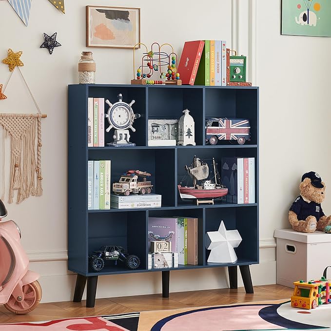 LEYAOYAO 8 Cube Bookshelf,Mid-Century Modern Book Shelf with Legs,Dark Blue | 3 Tier Bookcase, Rustic Wood Bookshelves Freestanding Large Storage Organizer, Open Shelves for Bedroom, Living Room, Office