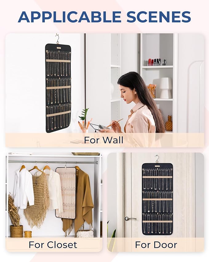 BAGSMART Hanging Necklaces Organizer Jewelry Holder, 1 piece, Large Black | Hanging Necklaces Organizer with Hanger Metal Hooks Double-Sided Jewelry Storage for ,Bracelets on Closet,Wall,Door