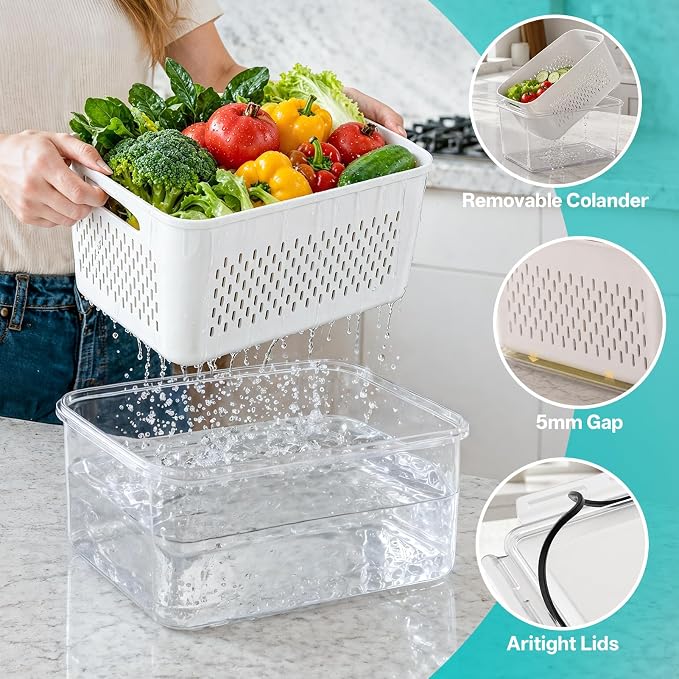 HOMETALL 8 Pack Fruit Storage Containers for Fridge with Strainer, BPA Free Fruit Cleaning Bowl Fridge Organizer, Plastic Fresh Keeper Set Refrigerator Organizer for Salad Berry Produce