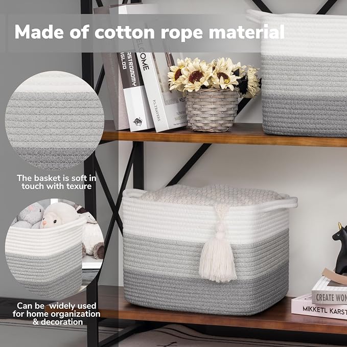 Goodpick Cotton Rope Closet Storage Bin, 13" x 10" x 9", Gradient Gray | Rectangle Gift Basket for Books, Towels & Toys Storage, Bedroom & Shelf Organization, Built-In Handles, Modern Home Decor
