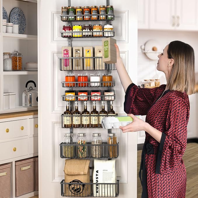 Moforoco Over The Door Pantry Organizer, Pantry Door Organizer Shelves, Kitchen Organizers and Storage, Hanging Basket Wall Spice Rack Seasoning Shelves, Laundry Room Bathroom accessories（Black