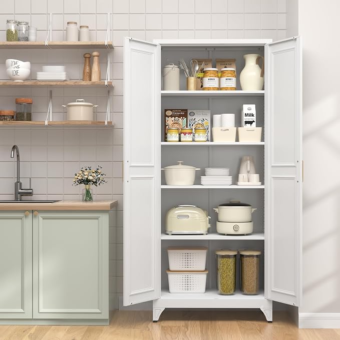 UNICOLY 75" Kitchen Pantry Cabinet,Metal Tall Storage Cabinet with Doors | Kitchen Storage Cabinets with 4 Shelves,Pantry Storage for Kitchens, Living Room, Dinning Room, Assembly Required, White