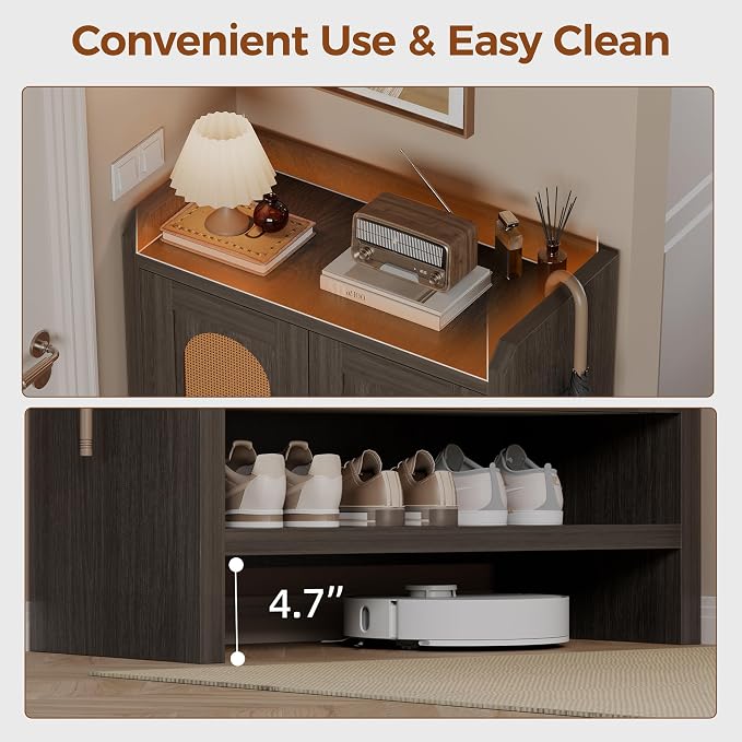 6-Tier Shoe Cabinet Storage for Entryway, Rattan Shoes Organizer Cabinets with Doors, Wooden Shoe Rack, Farmhouse Boho Wood Storage Cabinet (Black, 6-Tier)