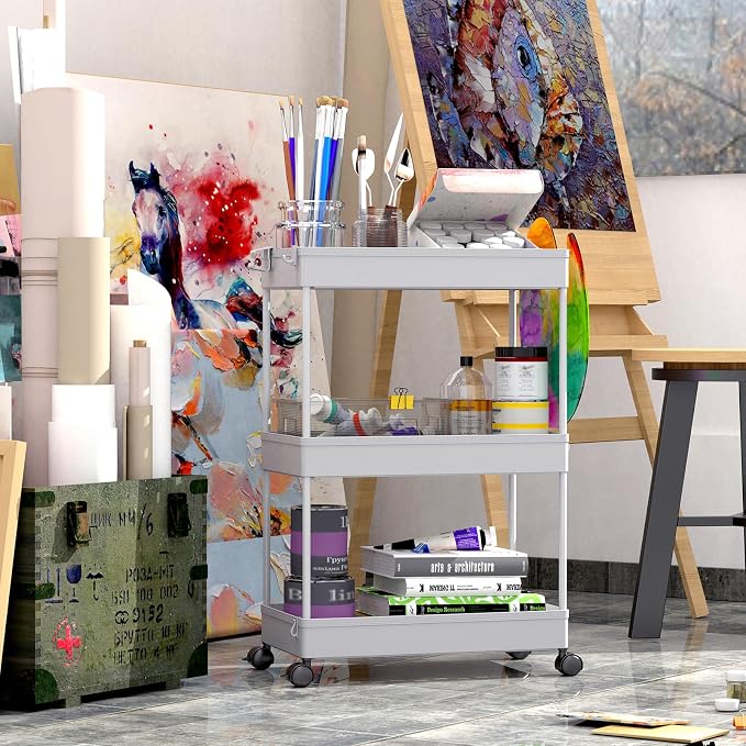 SPACEKEEPER 3 Tier Rolling Cart, Bathroom Cart Organizer with Wheels, Gray | Mobile Storage Cart for Laundry Room Organization,Kitchen,Office,Bathroom, Utility Cart for Snack,Craft,Art,Makeup,Nail,Toys