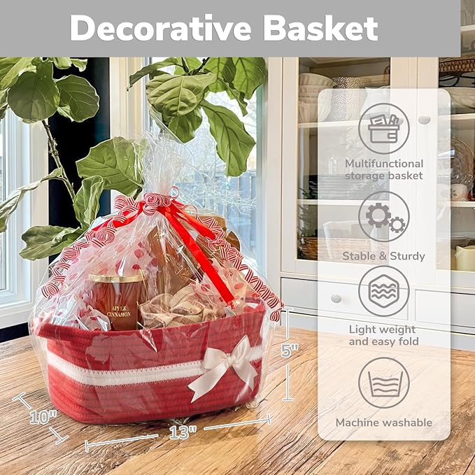 CHICVITA Small Woven Rope Gift Basket,Decorative Christmas Basket, Red | 13" x 10" x 5", Toys, Towels, Baby Essentials & Party Supplies Organizer, Shelf & Living Room Storage, Built-In Handles