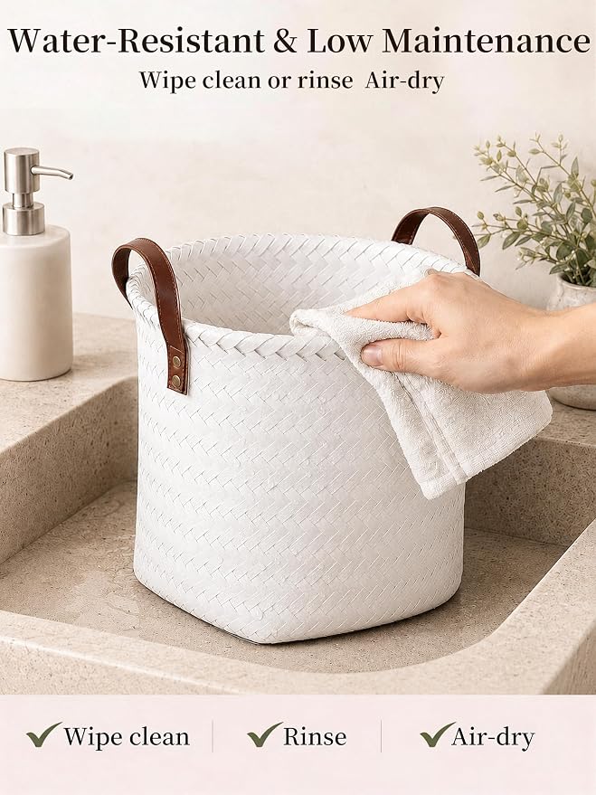 Wicker Storage Baskets, 4 Pack Woven Baskets for Shelves, White | PP Rattan, Water-resistant Wicker Basket, Large Baskets with Faux Leather Handles for Blanket, Laundry Organizer, Room Decor