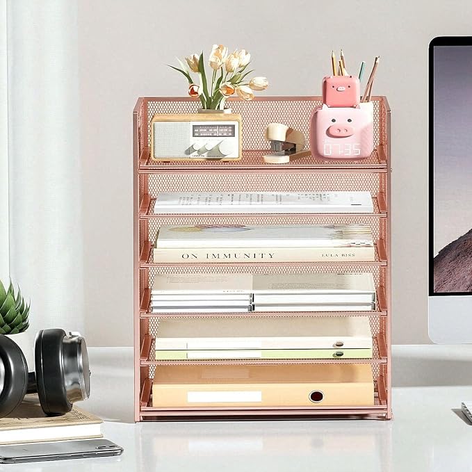 6 Trays Paper Organizer with Handle - Mesh Desk File/Letter Paper Sorter Organizer for Office, Home or School (Rose Gold)