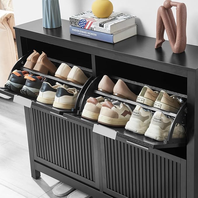 4-Flip Drawer Shoe Cabinet Narrow Entryway Rack, Black | Vertical Wood Grain, Metal Handles, Adjustable Compartments, Removable Shelf, Anti-Tip Device, for Hallway Foyer Entryway