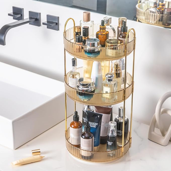 Aveniee Rotating Makeup Organizer for Vanity, Premium Solid Metal Pole Sturdy Construction, Perfume Storage for Bathroom Countertop, Clear Spinning Counter Shelf Cosmetic Holder for Dresser,Gold