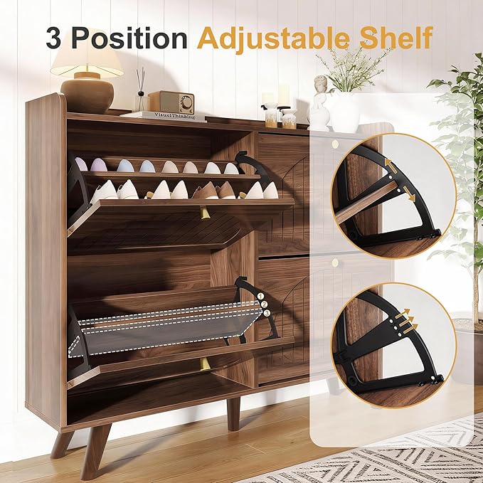 Decofy 47.2” Shoe Cabinet with 4 flip-Down Drawers, Three Adjustable Levels, freestanding Wooden Shoe Rack, Suitable for entryway, Hallway, and Living Room (Walnut) | 47.2''W; 4 Flip-Down Shoe Storage Drawers; 3 Adjustable Shelves; Narrow Entryway Desi...