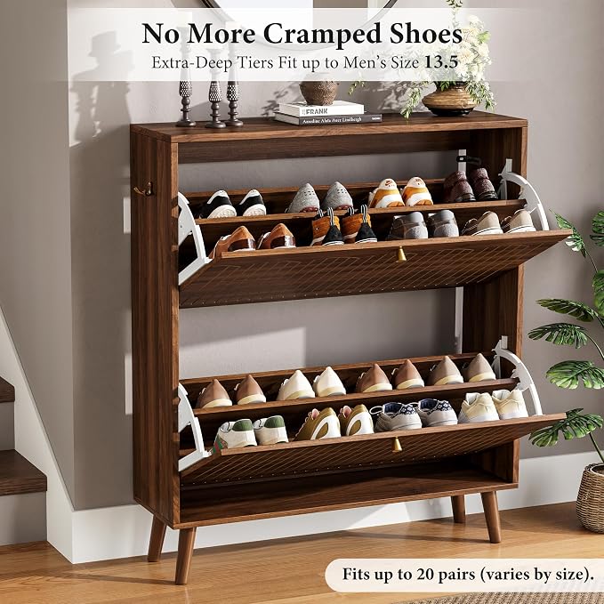 Nicetree Slim Shoe Cabinet for Entryway, 9.5" Narrow Shoe Storage Cabinet with Architectural Arched Fluted Front, Entryway Shoe Storage with Adjustable Shelves, Mid-Century Walnut