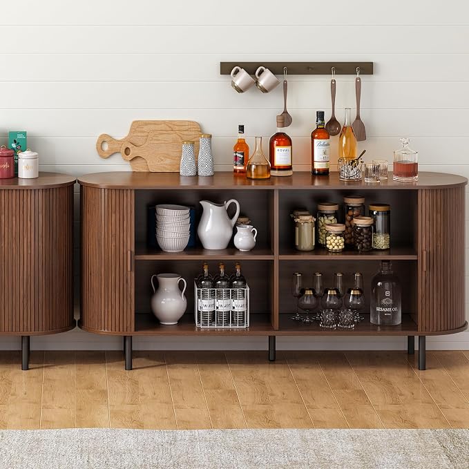 63" Sideboard Buffet Cabinet with Storage, Storage Cabinet with Sliding Door & Adjustable Shelf, Modern Accent Coffee Bar Console Table for Kitchen, Entryway, Walnut
