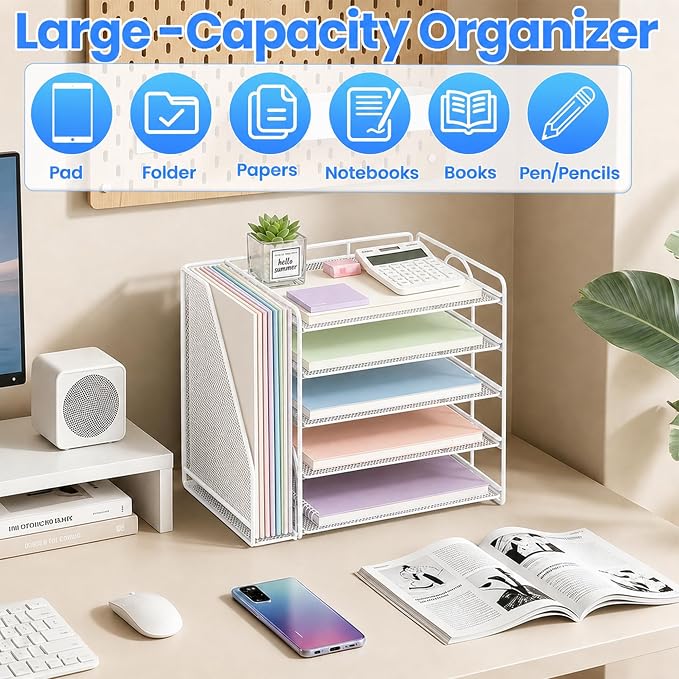 OPNICE Desk Organizer, 5-Tier Paper Organizer Letter Tray with Magazine Holder, Office Desk Accessories & Workspace Organizers, Desktop File Organizer for Office Supplies Storage, White