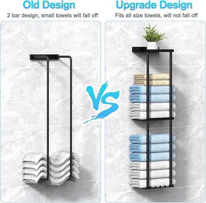 Liuoud Towel Rack for Bathroom, Wall Mounted Vertical Rolled Towel Storage Organizer Holder with Shelf, Holds Up 6 Large Bath Sheets, Black