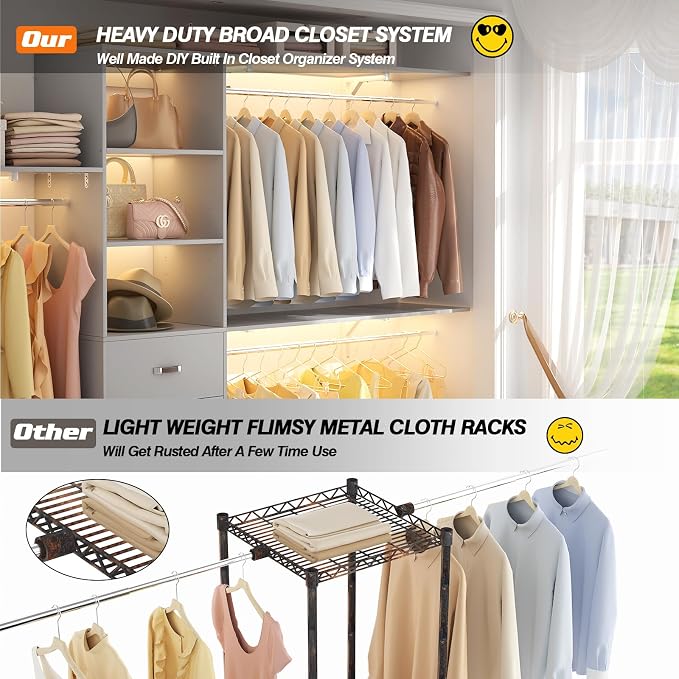 120 Inches Closet System, 10FT Walk In Closet Organizer with 3 Shelving Towers, Heavy Duty Clothes Rack with 3 Drawers, Built-In Garment Rack, 120" L x 16" W x 75" H, Max Load 1300 LBS, Grey