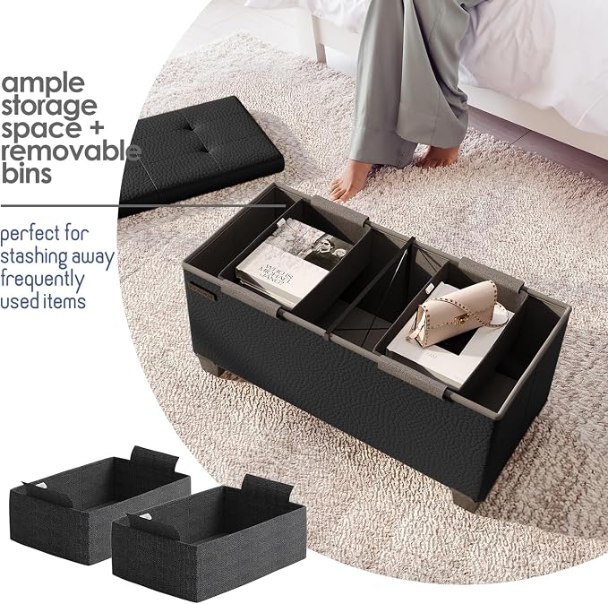 Storage Ottoman Bench with Bins, 30-in Storage Bench for Bedroom End of Bed, Folding Foot Rest Ottoman for Living Room Max 660lbs, Faux Leather Ottomans, Black