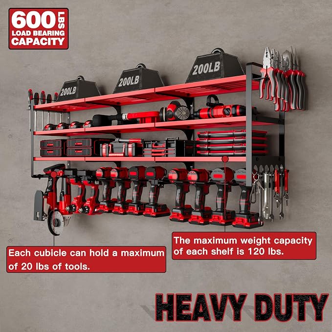 NattyDot Power Tool Organizer Wall Mount, 48-Inch 12 Drill Holders, Red | Extra-wide 48-inch Heavy-duty Wall Rack Stores 12 Cordless Drills and Assorted Tools, Maximizing Garage and Workshop Storage