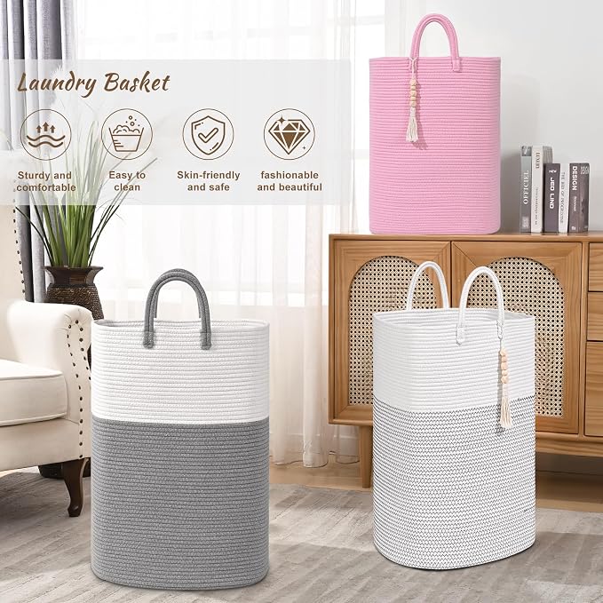 Woven Laundry Basket for Clothes, 80L Large Rectangle Laundry Hampers with Beads Tassel, Nursery Storage Basket for Toys, Tall Dirty Clothes Hamper for Bedroom Aesthetic, Laundry Room Organization