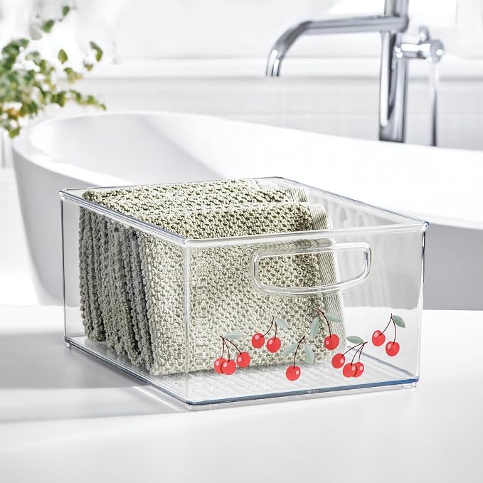 iDesign Bathroom Organizer Bin, Clear/Cherries | Decorative Print, Stackable, Plastic Storage Basket, For Makeup & Vanity Organization