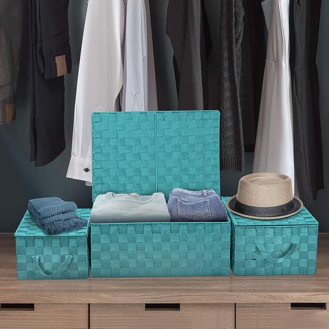 Sorbus Set of 3 Hand-Woven Storage Baskets with Lids (Aqua) – Mesh Bins for Closet, Shelf, or Pantry Organization – Variety Pack for Home and Office Storage