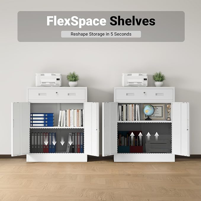 CJF Metal Storage Cabinet, Locking Storage Cabinet with 1 Drawer and Adjustable Shelf, 36" H x 28" W x 16" D White Metal Cabinets for Office, Home, Garage