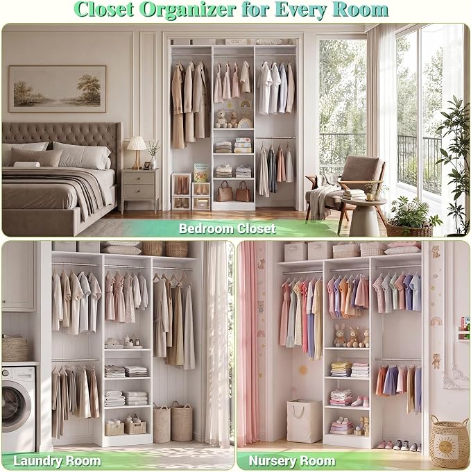 Besiost 48" Closet Organizer System, 4FT Closet System for Small Closets with 4 Hanging Rods & 3 Shelves, 80"H Small Closet Organizers and Storage for Bedrooms, Cloakrooms, White