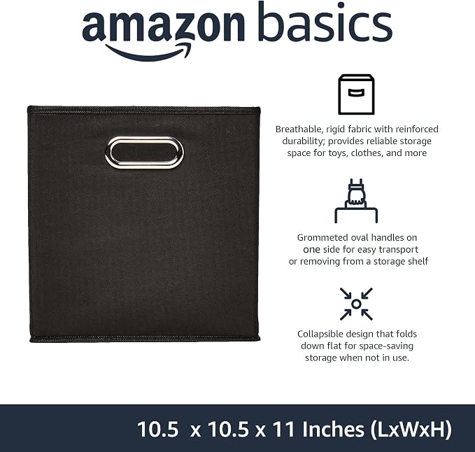 Amazon Basics Collapsible Cube Storage Bins, Space-Saving, Organizing Fabric Bins with Handles, 10.5" x 10.5" x 11", Black, 6-Pack