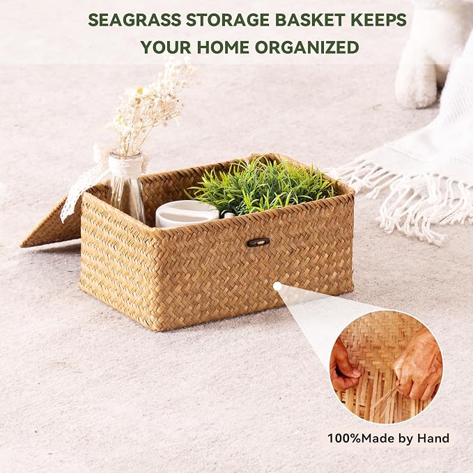 Nonam Small Basket with Lid, Natural Seagrass Bin with Lid, Shelf Baskets Multipurpose Container for Boho Decoration, Rectangular Household Storage Boxes for Home Organization-Natural