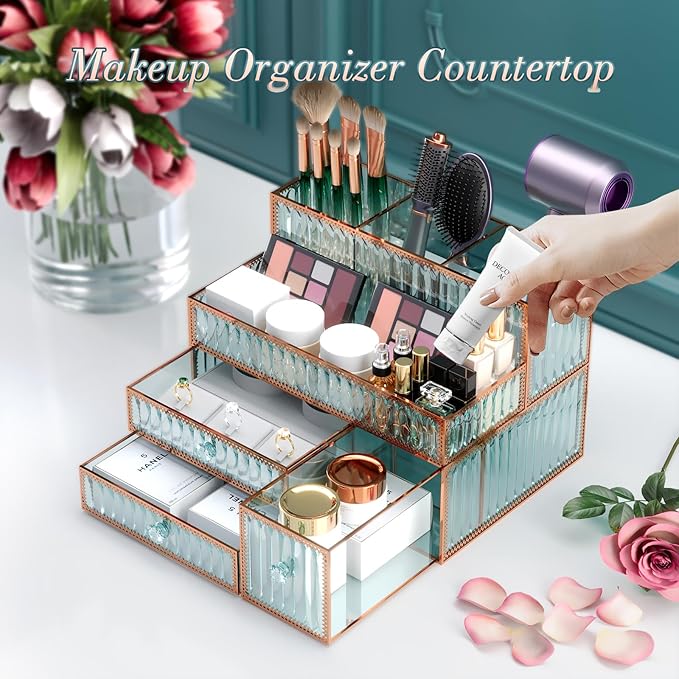 Youdepot Makeup Organizer Countertop - Tempered Glass Vanity Organizer for Cosmetics, Skincare, Hair Tools, Brushes, Perfume - Multipurpose Bathroom Counter Skincare Organizer | Vanity Organizer for Cosmetics, Skincare, Hair Tools, Brushes, Perfume, Mu...
