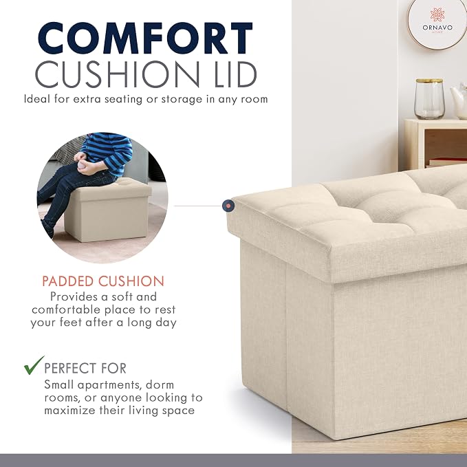 Ornavo Home Small Rectangle Ottoman Set of 2, Linen, 12x16x12, Beige | Storage Collapsible Design; Foot Rest Stool Seat; Ideal for Living Room, Bedroom, Home Office or Dorm