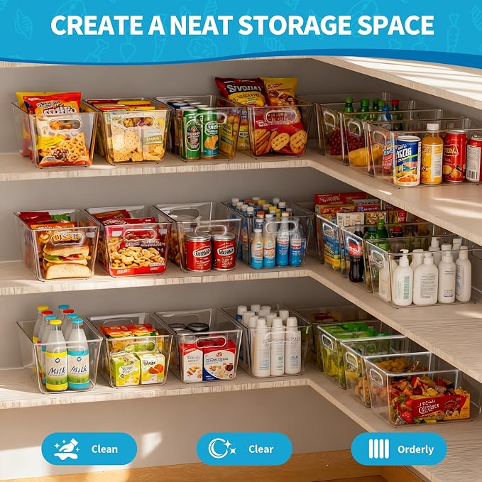 Clear Stackable Fridge Organizer with Lids, 4 Pack Large 11.5×7.5×6 Inch | Stackable clear storage containers with handles, pantry organizer for kitchen, fridge and freezer