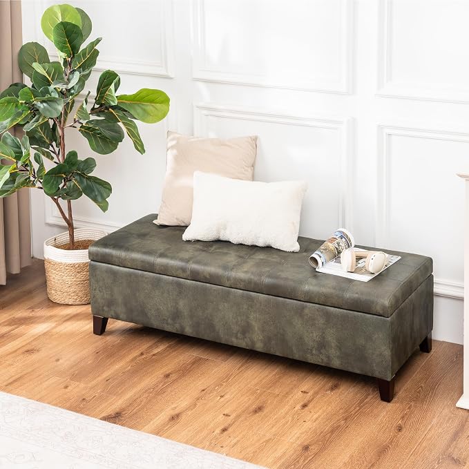 Ottoman with Storage, 51 Inch End of Bed Storage Ottoman Bench, Faux Leather Upholstered Ottomans with Hinged Lid, Rectangle Long Foot Rest Bench for Living Room Bedroom Dark Green