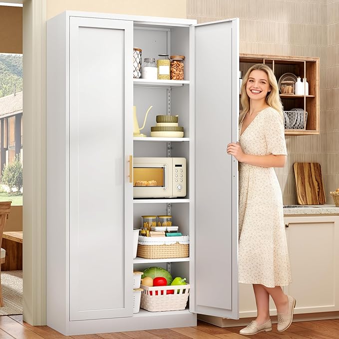 71”Tall Kitchen Pantry Cabinet, Metal Storage Cabinet with Doors and Shelves (White)