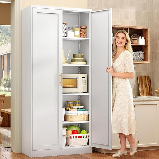 71”Tall Kitchen Pantry Cabinet, Metal Storage Cabinet with Doors and Shelves (White)